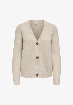 Cardigan beige en matériau doux, avec un décolleté en V profond, des poignets côtelés et quatre fermetures à bouton avec des boutons ronds marron.