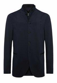 Marinblå jacka med hög krage, framknäppning, två sidofickor och en elegant, skräddarsydd design med en slät yta.