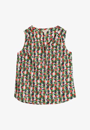 Ærmeløs bluse med et grønt, rødt og marineblåt blomsterdesign på en hvid baggrund. Materialet er letvægts med en snoretræk detalje.