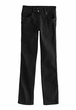 Black denim jeans with a straight leg design, front pockets, button closure, and belt loops. Smooth texture with minimal fading.