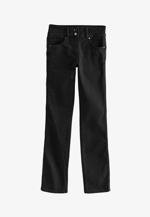 Black denim jeans with a straight leg design, front pockets, button closure, and belt loops. Smooth texture with minimal fading.