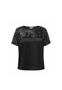 Czarny krótki top z krótkim rękawem, z gładkiego satynowego materiału, z górną częścią zdobioną cekinami. Okrągły dekolt i luźny krój.
