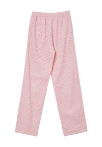 Pantaloni da pigiama rosa chiaro con vita elastica, realizzati in un tessuto texturizzato con piccoli motivi a foratura in tutto il capo. Design a gamba dritta.