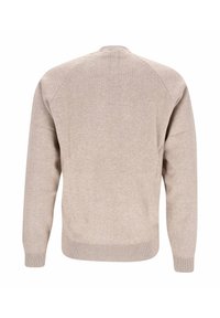 Beiger Strickpullover mit rundem Ausschnitt und Raglanärmeln. Glatte Textur und gerippter Saum an den Bündchen und am unteren Rand. Einfaches, klassisches Design.