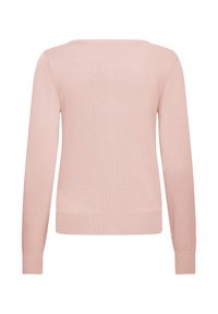 Világos rózsaszín hosszú ujjú kötött pulóver bordázott mandzsettákkal és szegéllyel, hátulról fehér háttér előtt bemutatva.
