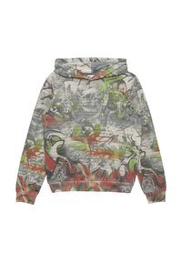 Grijze hoodie met een patroonontwerp dat groene, oranje en zwarte graffiti-elementen bevat; ribgebreide manchetten en zoom.