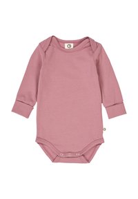 Long-sleeve baby bodysuit in soft rose fabric. Features snap closures at the bottom and a round neckline with soft shoulder seams.
