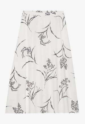 Hvit skjørt med blomsterdesign i svart. A-linje fasong med midjebånd. Lett stoff med en glatt tekstur.