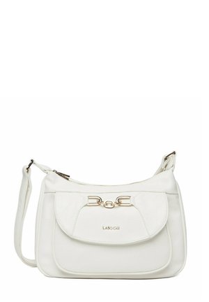 Biała skórzana torba na ramię z przednią kieszenią na klapę, złotym ozdobnym zapięciem i regulowanym paskiem, marki LASOCKI.