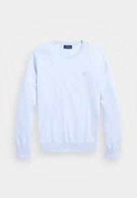 Jasnoniebieski sweter z okrągłym dekoltem, wykonany z bawełny, z prążkowanymi mankietami i dolnym wykończeniem, z małym haftowanym logo na piersi.