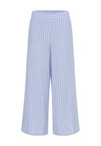 Lichtblauwe wijdvallende broek met witte verticale strepen. Gemaakt van zachte stof, met een elastische tailleband voor comfort. Geen zichtbare zakken.