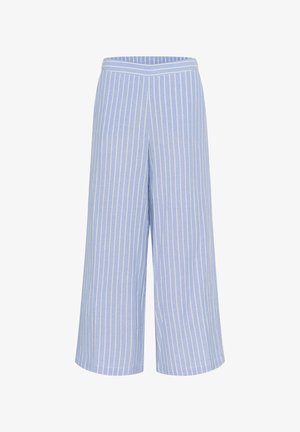 Jasnoniebieskie spodnie szerokie w stanach z białymi pionowymi paskami. Wykonane z miękkiego materiału, z elastycznym pasem dla wygody. Brak widocznych kieszeni.
