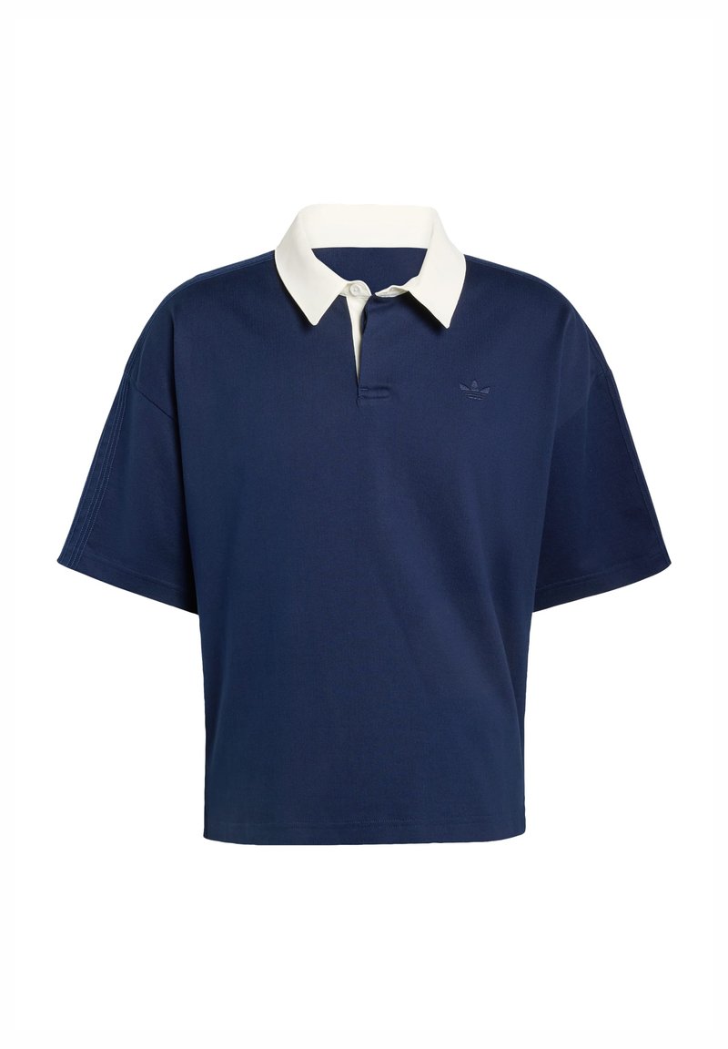 Navy blue polo shirt with a white collar, short sleeves, and a subtle logo detail on the chest. Made of breathable, textured fabric.