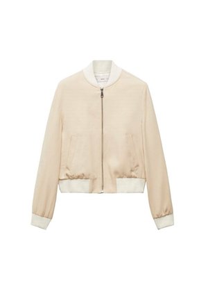 Hellbeige Bomberjacke mit weißem geripptem Kragen, Bündchen und Saum, Frontreißverschluss und zwei Seitentaschen.