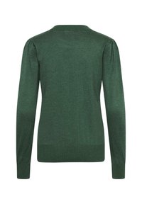 Grön långärmad tröja med ribbat halsband och nederkant; har puffärmar och en slät textur, utformad för att visas bakifrån.