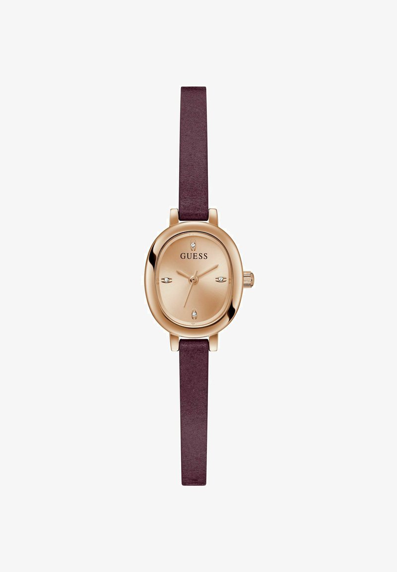 Złoty zegarek na rękę z owalną kopertą, kremową tarczą, ośmioma znacznikami w postaci cyfr oraz burgundowym skórzanym paskiem. Mechanizm kwarcowy.