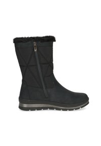 Botines negros con adornos de piel sintética, parte superior de tejido acolchado, cremallera lateral y suela de goma texturizada. Presenta un ligero acento plateado en la suela.