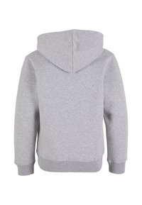 Šedá mikina s kapucňou z mäkkého materiálu, ktorá má klokanie vrecko, rebrové manžety a spodný lem. Pohľad zozadu ukazuje hladký, minimalistický dizajn.