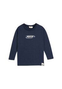 Navyblå långärmad T-shirt i bomull, med vit grafisk text på framsidan och en liten etikett på den nedre sidan.