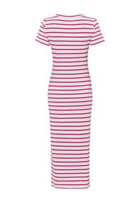 Gestreiftes Midikleid aus geripptem Stoff, mit kurzen Ärmeln, einem runden Ausschnitt und abwechselnd rosa und weißen horizontalen Streifen.
