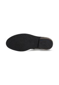 Suola di scarpa in gomma nera con un motivo di grip testurizzato; presenta un tacco in pelle marrone e accenti laterali. Profilo piatto, progettato per il comfort.