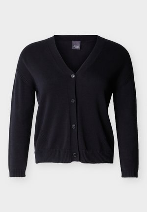 Svart V-hals knappet cardigan med lange ermer og ribbestrikkede mansjetter og kant, vist på en ensfarget lys bakgrunn.