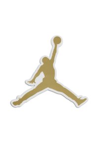 Guld silhuet af en springende figur, der holder en basketball, med en kontrasterende hvid kant, sat mod en ensfarvet baggrund.