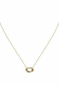 Goldkettenshalsband mit einem gedrehten, ovalen Anhänger und einer strukturierten Oberfläche, der einen glänzenden Finish und zarte Glieder zeigt.