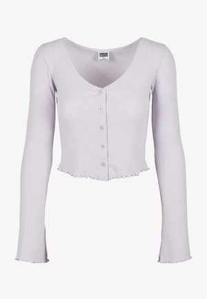 Lilla ribaga lühike kardigan pika varrukaga, V-kaelusega ja viie nööbiga kinnitusega; lisaks on toode omapärase servaga ja pehme tekstuuriga.