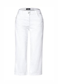 Vita denimbyxor med rak skärning, featuring en framknappsstängning, två sidofickor och subtilt texturerad tyg.
