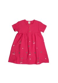 Rosa Kurzarmkleid mit Knopfschluss, geraffter Taille und gestickten Kirschen mit grünen Blättern auf dem Rock. Weicher, leichter Stoff.