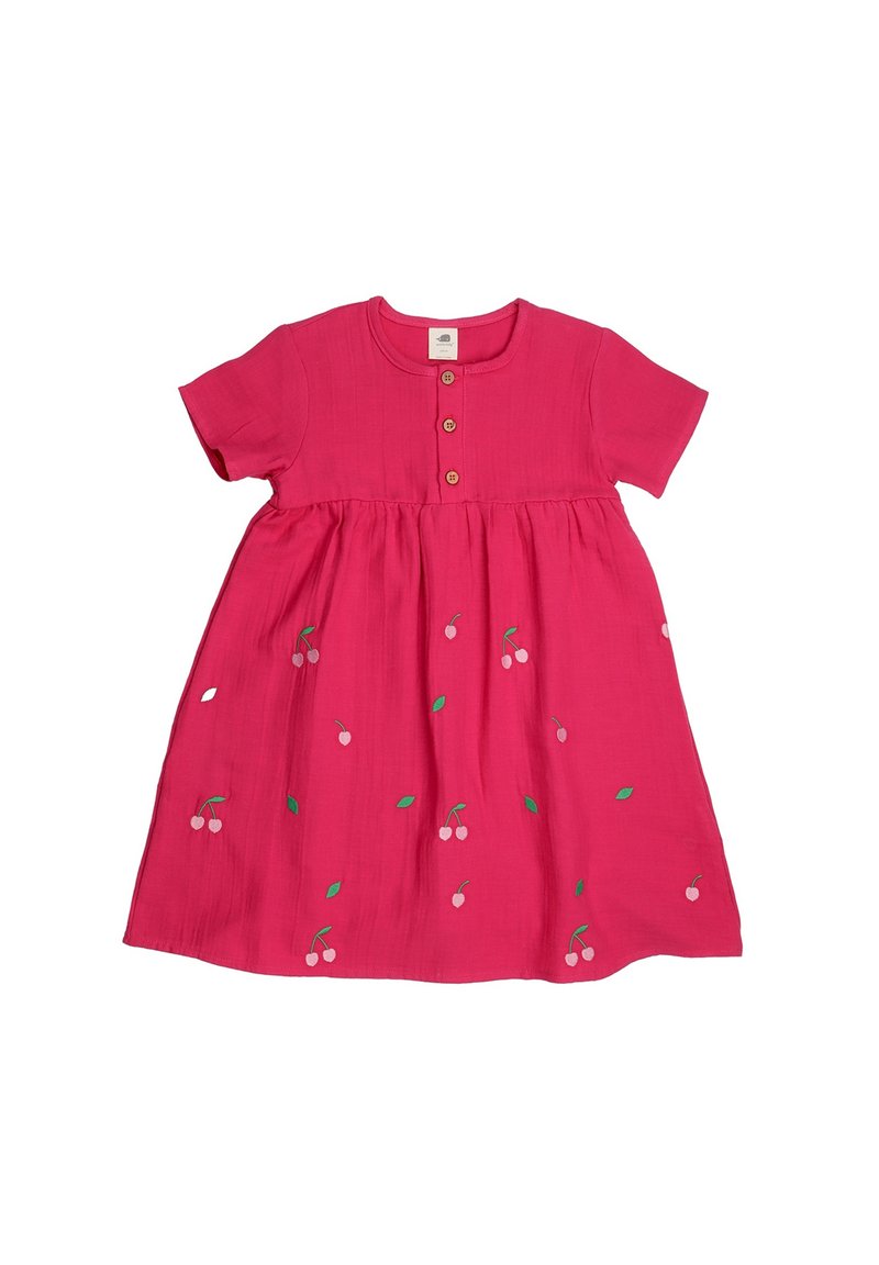 Rosa Kurzarmkleid mit Knopfschluss, geraffter Taille und gestickten Kirschen mit grünen Blättern auf dem Rock. Weicher, leichter Stoff.