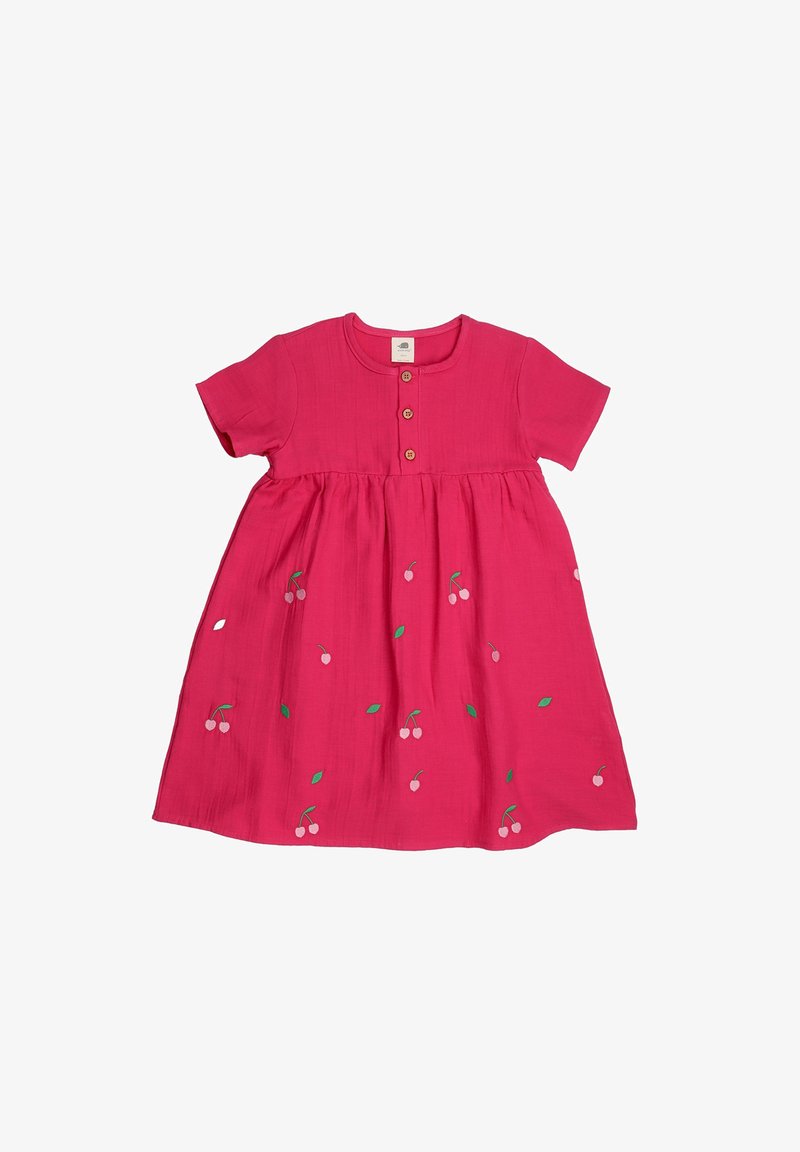 Rosa Kurzarmkleid mit Knopfschluss, geraffter Taille und gestickten Kirschen mit grünen Blättern auf dem Rock. Weicher, leichter Stoff.