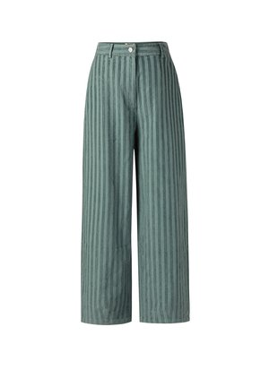 Pantalon taille haute à jambes larges en vert tamisé avec un motif à rayures verticales, passants de ceinture, bouton à l'avant et fermeture éclair.