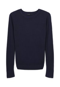 Pull bleu marine à manches longues, col rond, avec des bords côtelés au niveau des poignets et de l'ourlet, texture lisse, fabriqué en tissu doux, sans motifs ni éléments métalliques visibles.