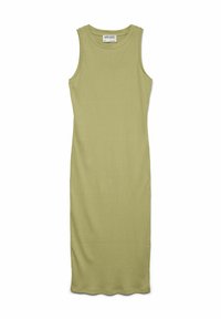 Vestido de tirantes acanalado verde con una silueta ajustada, hasta la rodilla, escote redondo y diseño sin mangas. Confeccionado en una suave tela elástica.