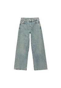 Vaaleansiniset leveät farkut korkea vyötärö, etutaskut ja haalistunut pesu. Mukana puhdas helma ja hienovaraiset ompeluyksityiskohdat.