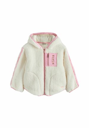 White fluffy hooded jacket with pink trim, front zipper, pink zippered chest pocket with "BAKER" text, and pink stripe lettering on sleeves.