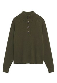 Pull côtelé vert olive à manches longues avec col haut et quatre grands boutons foncés alignés au centre avant.