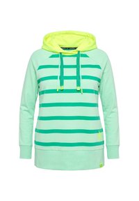 Sudadera con capucha de manga larga verde claro con rayas horizontales verde oscuro, capucha amarillo neón, cordones verdes y un pequeño detalle de estrella cerca del dobladillo.