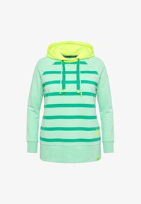 Sudadera con capucha de manga larga verde claro con rayas horizontales verde oscuro, capucha amarillo neón, cordones verdes y un pequeño detalle de estrella cerca del dobladillo.