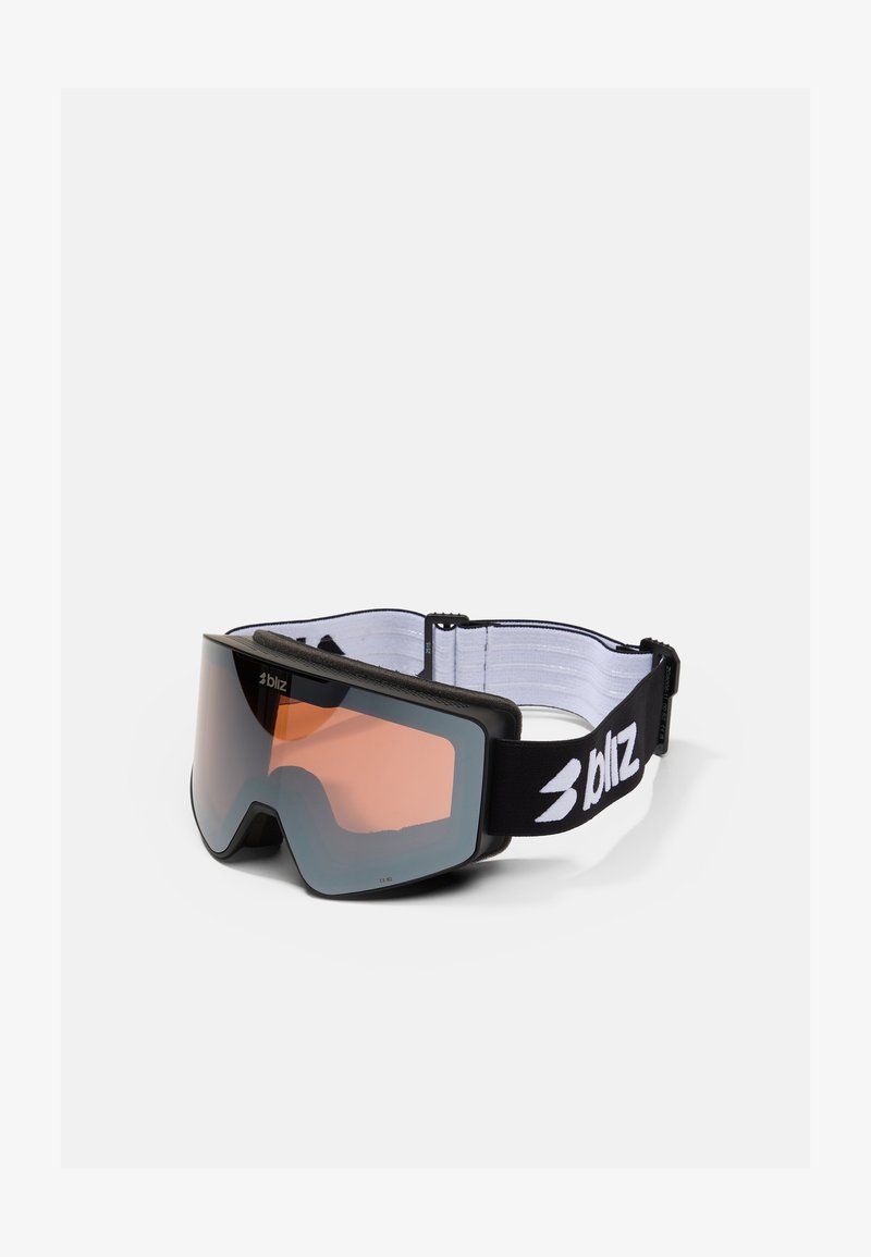 Zwarte skibril met een oranje getinte lens. Voorzien van een brede band met witte branding en een zachte binnenvoering voor comfort.