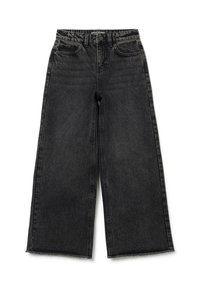 Pantalones vaqueros de pierna ancha negros con cintura alta, lazos para cinturón, bolsillos frontales, cierre de botón y bordes sin rematar.