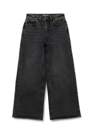 Pantalones vaqueros de pierna ancha negros con cintura alta, lazos para cinturón, bolsillos frontales, cierre de botón y bordes sin rematar.