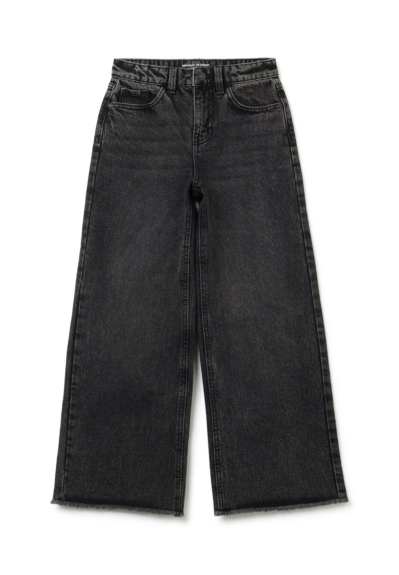Pantalones vaqueros de pierna ancha negros con cintura alta, lazos para cinturón, bolsillos frontales, cierre de botón y bordes sin rematar.