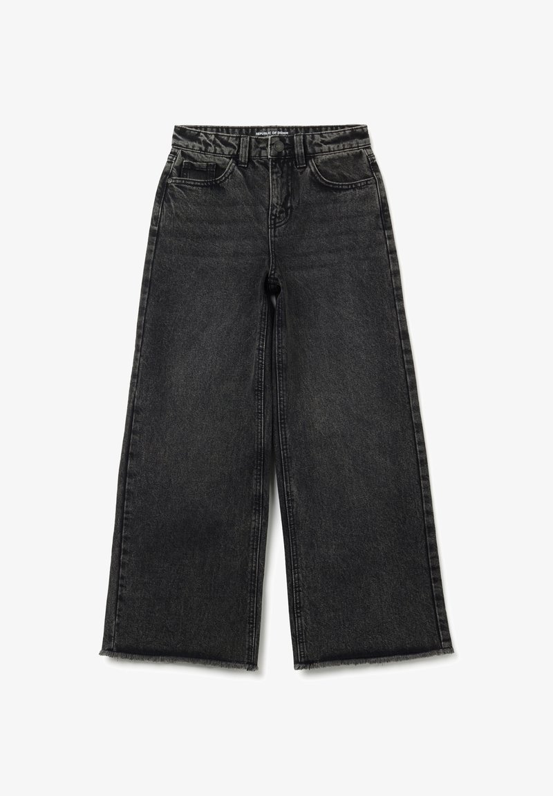 Pantalones vaqueros de pierna ancha negros con cintura alta, lazos para cinturón, bolsillos frontales, cierre de botón y bordes sin rematar.