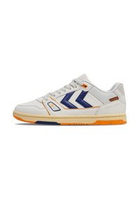 White athletic shoes with navy blue accents, orange detailing, and perforated sides. Features a rubber sole and lace-up closure.