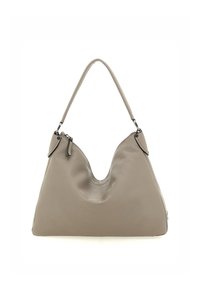 Borsa hobo in morbida pelle beige con una distintiva forma a V nella parte superiore, cinturino singolo per la spalla e finitura testurizzata. Accenti hardware sottili.