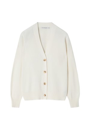 Off-White Strickjacke mit langen Ärmeln, V-Ausschnitt und vier beigen Knöpfen auf der Vorderseite, präsentiert auf einem weißen Hintergrund.