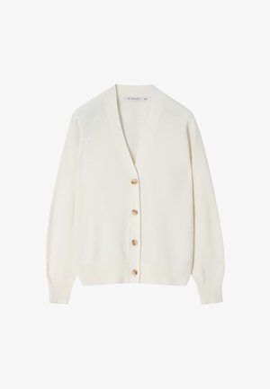 Cardigan a maglia bianca sporca con maniche lunghe, scollatura a V e quattro bottoni beige sul davanti, esposto su uno sfondo bianco.